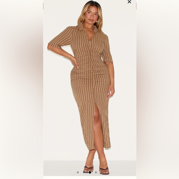 PrettyLittleThing Brown Striped Ruched Front Collared Split Front Maxi Dress - Picture 4 of 8